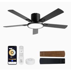 52" Ceiling Fan with Light, Remote/App/Voice Control, Adjustable, Reversible Blades, Flush Mount-New