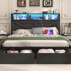 Queen Bed Frame with Bookcase Storage Headboard, Charging Station, LED Light and 2 Storage Drawers,Black