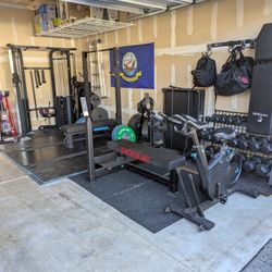 Garage Home Gym Powerlifting Squat Bench Deadlift Weights And Bars And Cables