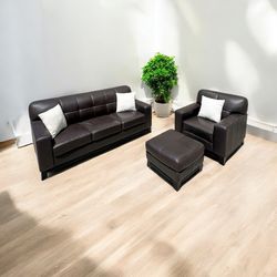 FREE DELIVERY! 🚚  Modern Espresso Leather Living Room Set with Ottoman