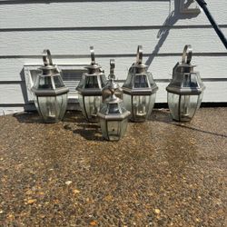 Set of 5 Brushed Nickel Outdoor Lantern Wall Lights