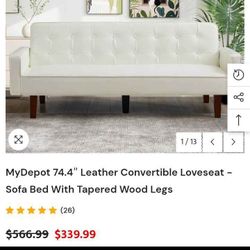 74.4 Leather Convertible Loveseat Sofa Bed With Tapered Legs