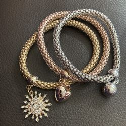 3 Piece Shiny Multilayer Gold Silver and Bronze Bracelet Set $5