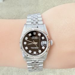 Rolex Pre Owned Ladies 31mm DateJust Black Diamond Dial Model 68274