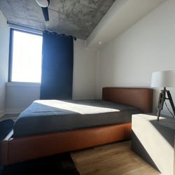 Queen Bed Frame (Cognac Upholstered) + Memory Foam Mattress – Like New Set