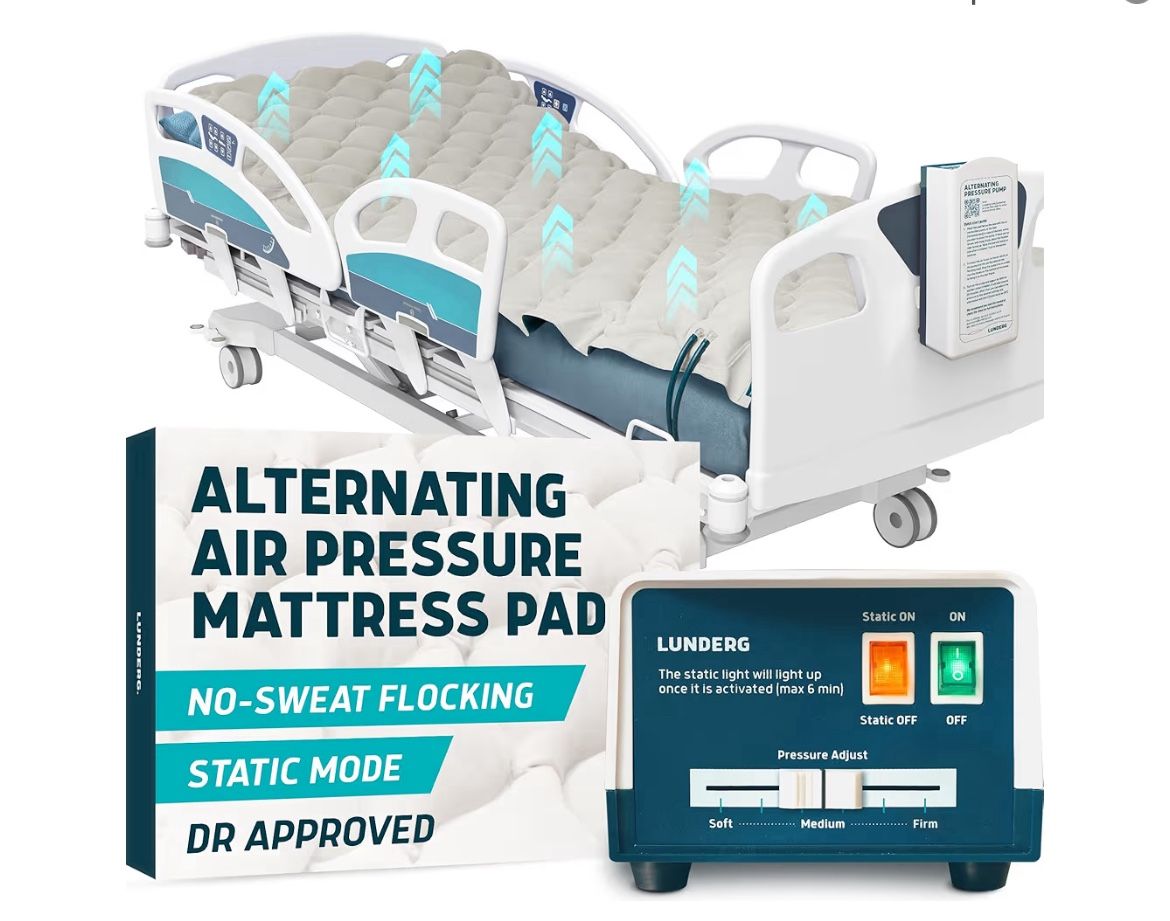 Lunderg Alternating Air Pressure Mattress Pad with Static Mode & Flocking - Comfortable Bed Sore Prevention - Includes Mattress Topper for Hospital Be