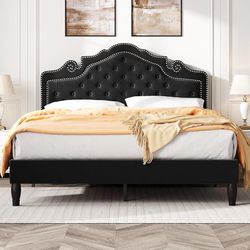 Queen Bed Frame with Adjustable Headboard/Velvet Upholstered/Diamond Button Tufted and Metal Studs/No Box Spring Needed/Wood Slat Support/Easy Assembl