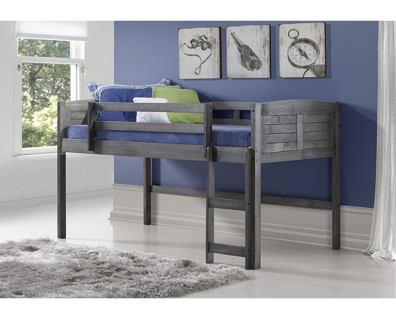 Kids Low Loft Bed, Twin Size, Antique Grey (Gently Used)