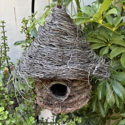 Bird House.   Weathered.  Wire Frame With Wowan Strands 