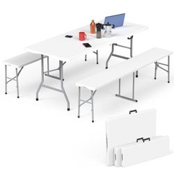 HLPB Folding Table Picnic Table Set, 6 ft Camping Table with 2 Benches, Outdoor Indoor Portable Folding Furniture for Working Meeting Party, Camping, 
