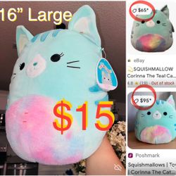 $15 Large Brand New Squishmallow Corina the Teal Cat with tie dye tummy 16 “