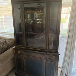 Vintage Wood China Cabinet / Hutch w/ Glass Doors & Storage