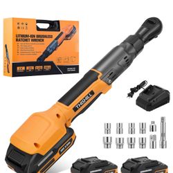 3/8" 90NM Brushless Power Ratchet Driver with 2 Pack 15C 2000 mAh Lithium-Ion Battery,20V 66 Ft-lbs Cordless Electric Ratchet Wrench Set,1/4" and 1/2"