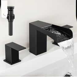 8 Inch Square Matte Black Widespread Bathroom Sink Faucets 3 Hole, Stainless Steel Waterfall Bathroom Faucet with Pop Up Drain and cUPC Supply Lines, 