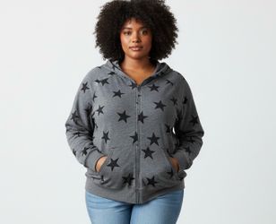Torrid size 5 Women’s  Gray Hoodie Black Stars Front Zip up Long Sleeve