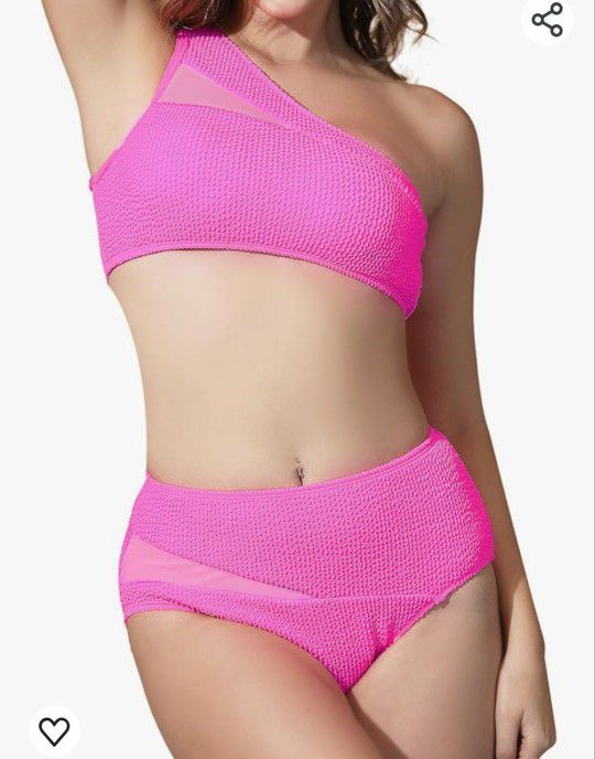 NEW Pink Large Women Bikini Sets Swimsuit One Shoulder Top with Mid Waist Bottom Two Piece Ribbed 