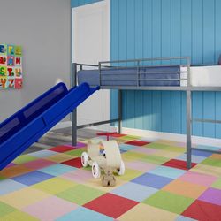 DHP Junior Twin Metal Loft Bed with Slide, Multifunctional Design, Silver with Blue Slide