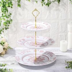 Lallisa Pink Floral 3 Tier Dessert Stand 10", 9" And 7" Ceramic Vintage Chinoiserie Tea Party Tiered Tray Cupcake Stand Display Holder Tower For Weddi