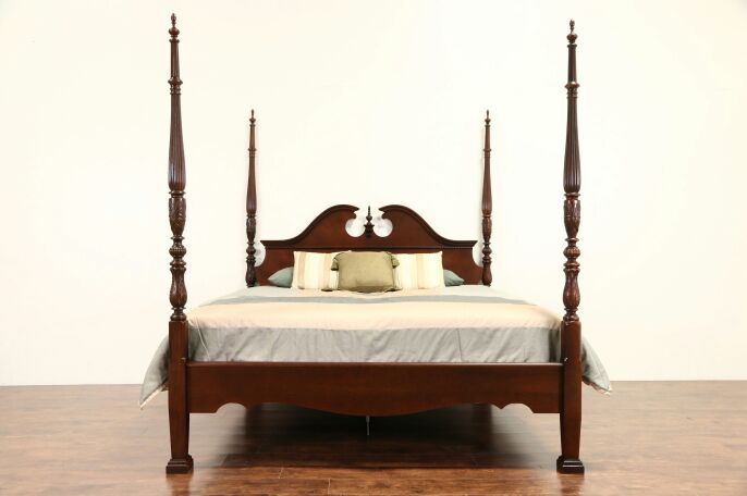 King Size Rice Plantation 4 Poster Bed, Carved Mahogany & Cherry