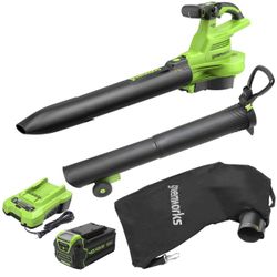 Greenworks 40V (230 MPH / 505 CFM) Cordless Brushless Leaf Blower/Vacuum with Bag, High Power, Lightweight & Quiet for Yard Debris Cleanup, Includes 5