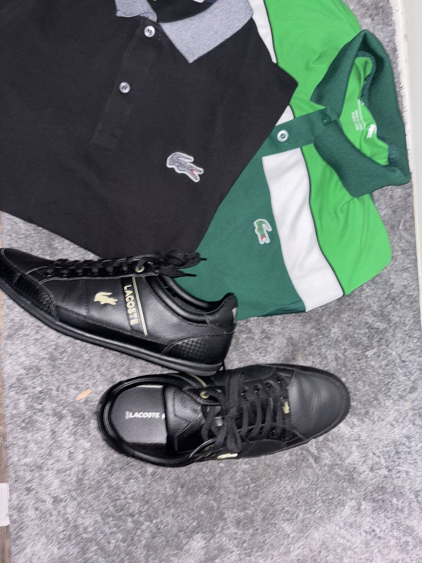 Two Lacoste shirts and some Lacoste shoes