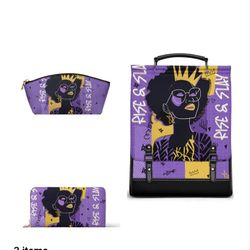 Afroyla "Aina" Grape Soda Leather Backpack, Makeup Bag, and Wallet (3 piece set)