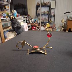 Handmade Mixed-Metal Abstract Art Sculpture W/Small Curved Red Enamel Bowl & Red Glass Crystal Accent Stone, Would Work Great As An Incense Burner 6.5