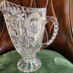 Vintage Heavy Cut Crystal Glass Embossed Etched Rose Footed Pitcher 9″  