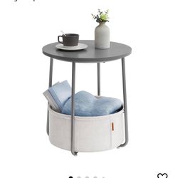 VASAGLE End Table, Small Bedside Table with Fabric Basket, Modern Nightstand, Round Side Table, for Living Room, Bedroom, Cement Gray and Cream White 