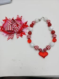 Girls Red White Pink Chunky Bubblegum Bead Heart Necklace & Boutique Hair Bow Set Christmas Holiday Cute Girly Style