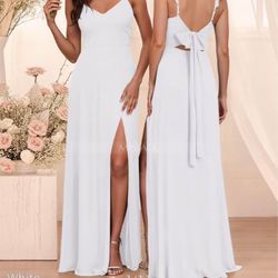 New White Simple V-Neck A-Line Floor-Length Chiffon Dress With Bow