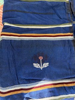 Guatemalan Blue Woven Textile Tablecloth with Cross-Stitch Flower