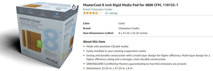 Master cool 8" rigid media pad Swamp Evaporative cooler