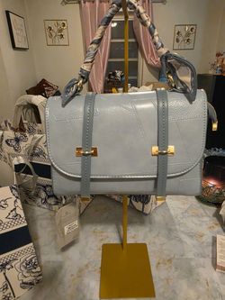 Light Blue Structured Handbag with Gold Hardware