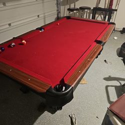 Pool Table With All Cues, Balls, And Cue Rack