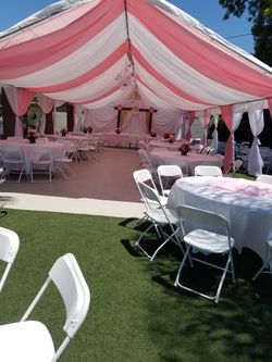 Draping, tent, tables, chairs,backdrop
