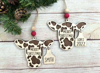 Personalized Wood Cow Christmas Ornament 
