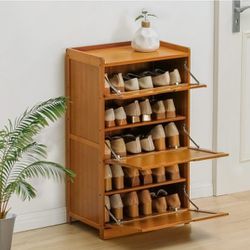 Tier Shoe Storage Cabinet, Bamboo ,Down Doors for 11-15 Pairs Brown