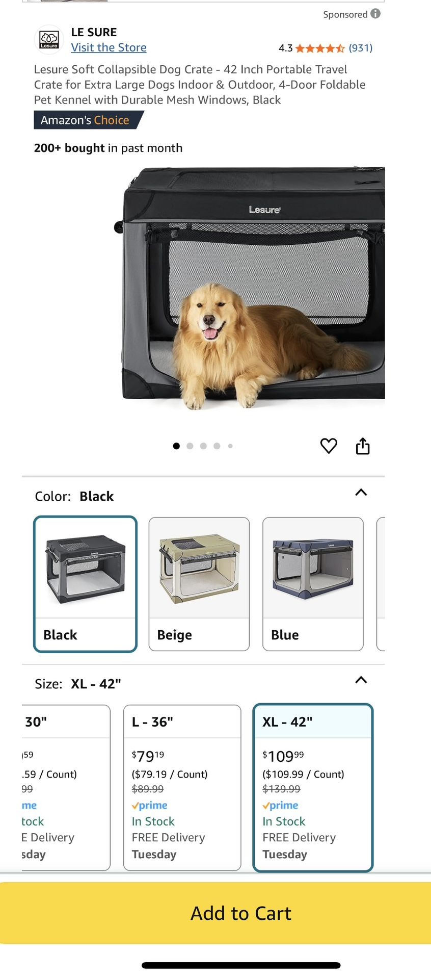 Lesure Soft Collapsible Dog Crate - 42 Inch Portable Travel Crate for Extra Large Dogs