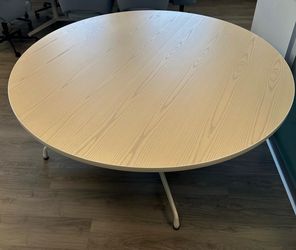 Round Wood Top Table with White Metal Legs