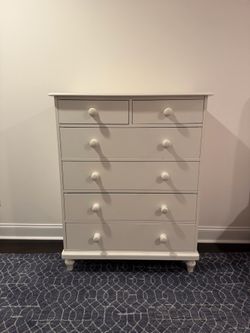Pottery Barn White Wood Furniture—can be sold separately  Chest is 4’ high by 3’wide by 17” depth $165  Bookcase is 71” high by 30” wide by 15” depth 