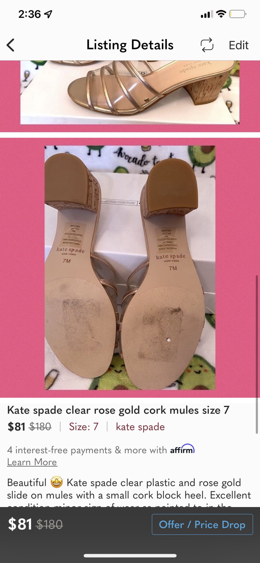 Beautiful Kate spade clear plastic and rose gold slide on mules with a  small cork block heel for Sale in Tacoma, WA - OfferUp
