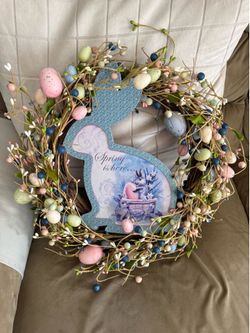 Easter Spring Bunny Wreath with Speckled Eggs