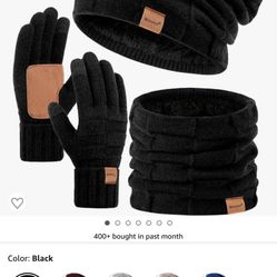 Mens Hat Scarf and Gloves Set Winter, Thermal Fleece Lined Slouchy Beanie Neck Scarves Touchscreen Gloves, 3 in 1 Warm Set