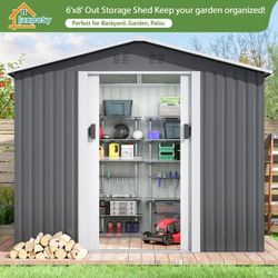 Outdoor Storage Shed Metal 8 ft. W x 6 ft. D ,Tool Sheds with Lockable Doors 48 sq. ft., Gray, New