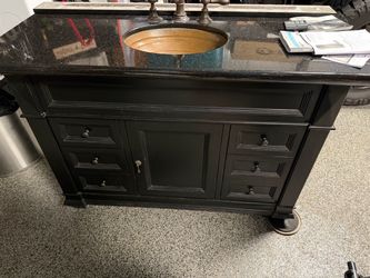 Ronbow 48in wide vanity with granite countertop, oval copper sink and signature hardware sink fixture