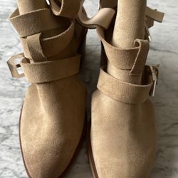 Zara Woman Tan Suede Buckle Ankle Boot with cut out Sides Size 38