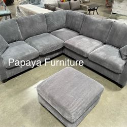 Plush Grey Sectional Sofa And Ottoman, Sectionals, Sofa, Couch, Grey Couch, Grey Sofa, L-Shaped Sofa, Plush Sectional Couch,Living Room Sofa