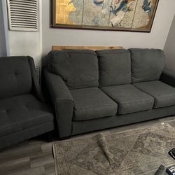 Charcoal Gray Sofa + Matching Accent Chair Set — Modern/Mid-Century Style,