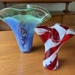 Fourth of July hand blown vases, red, white, and blue